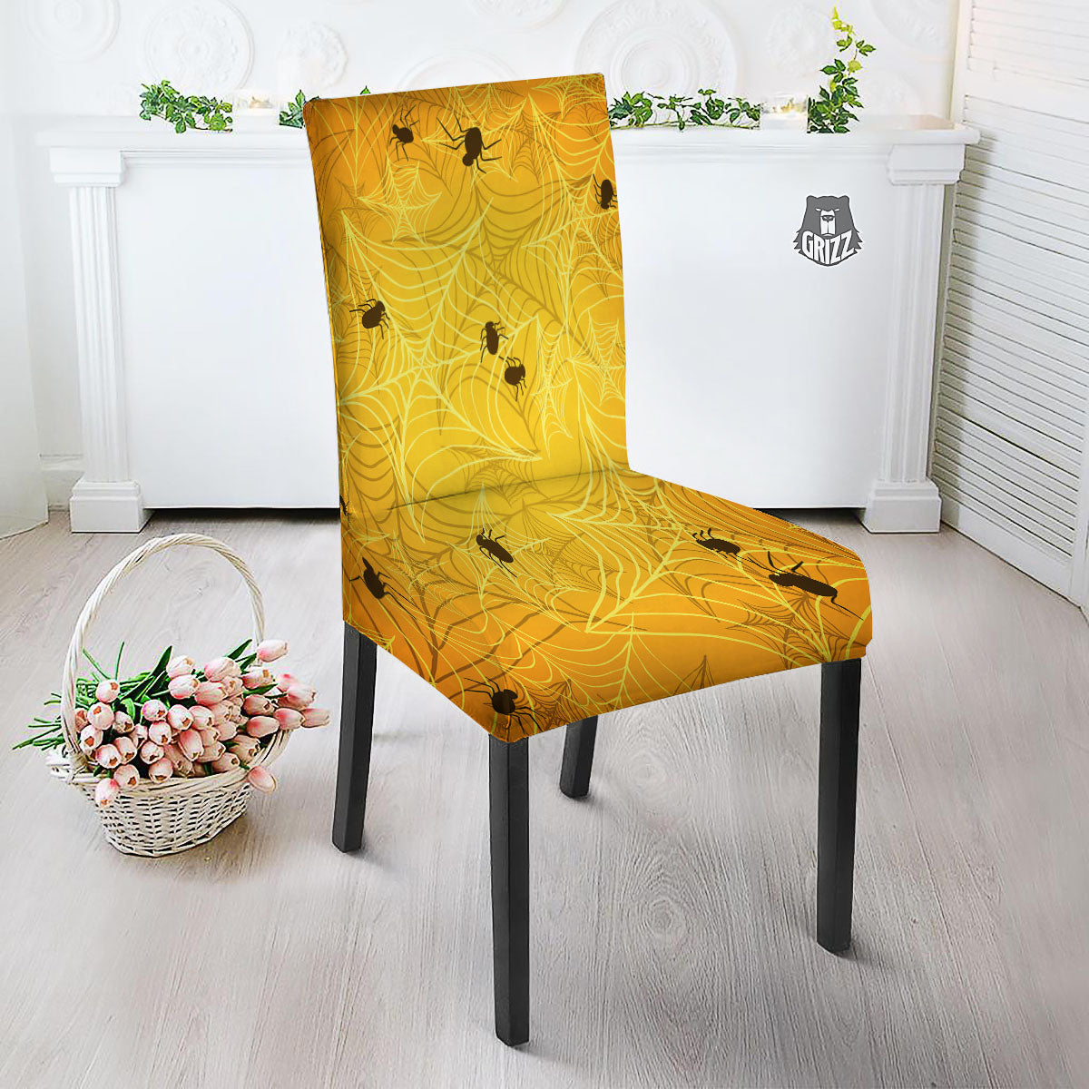 Cobweb Yellow Print Dining Chair Slipcover-grizzshop