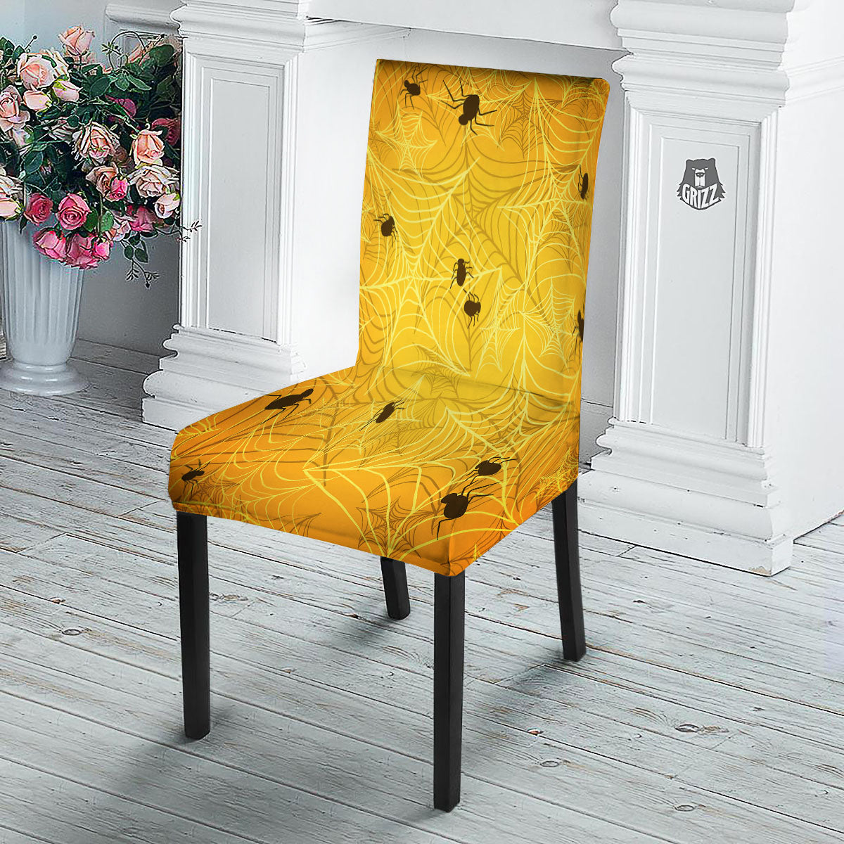Cobweb Yellow Print Dining Chair Slipcover-grizzshop