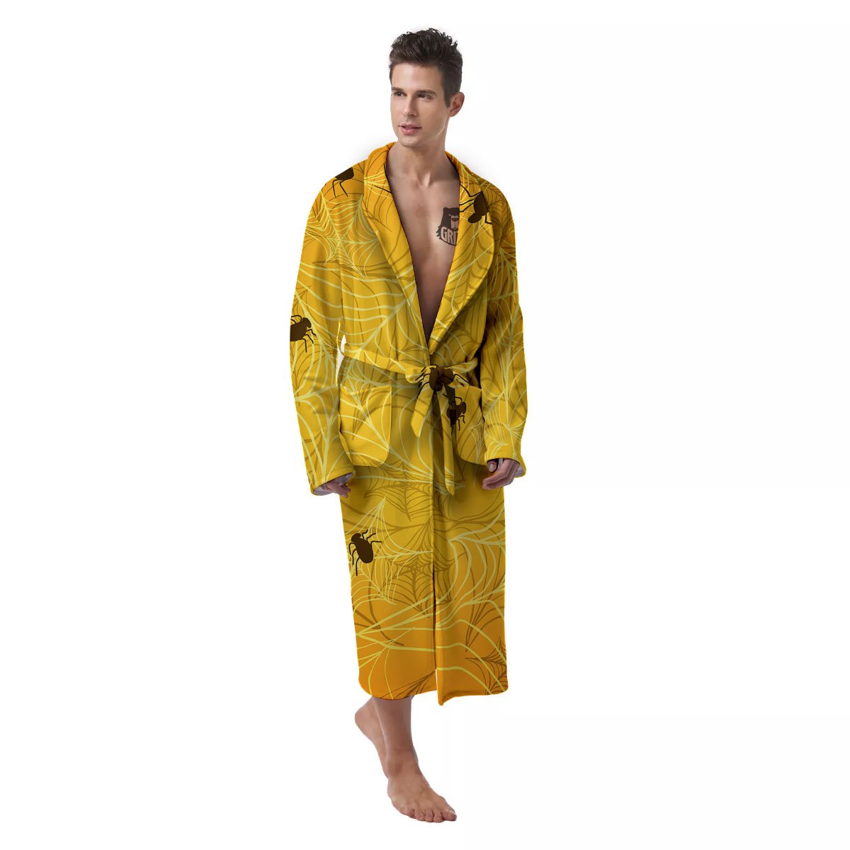 Cobweb Yellow Print Men's Robe-grizzshop