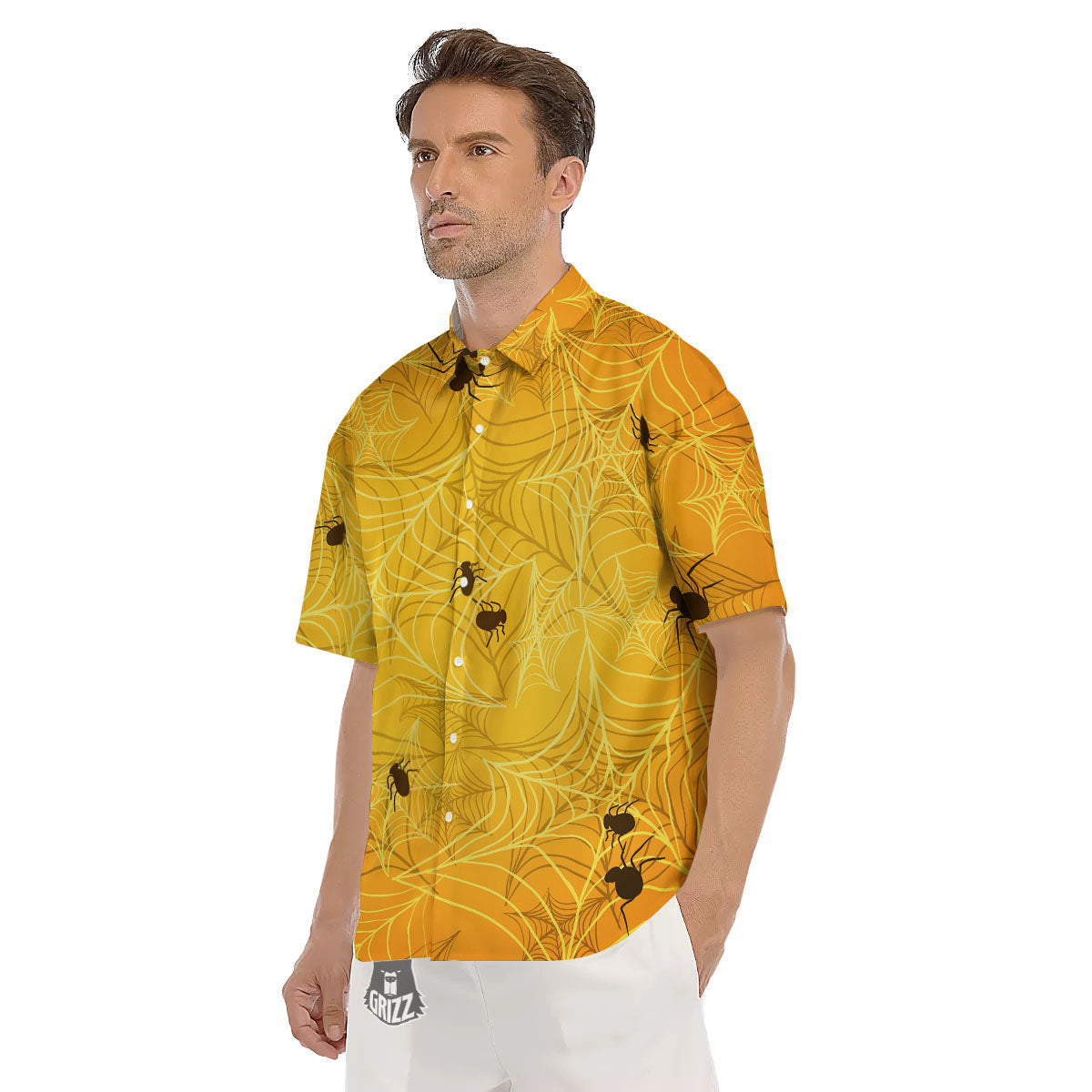 Cobweb Yellow Print Men's Short Sleeve Shirts-grizzshop