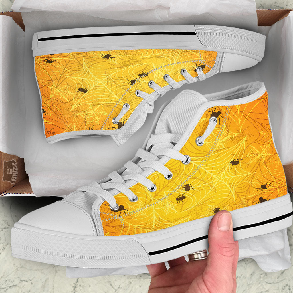 Cobweb Yellow Print White High Top Shoes-grizzshop