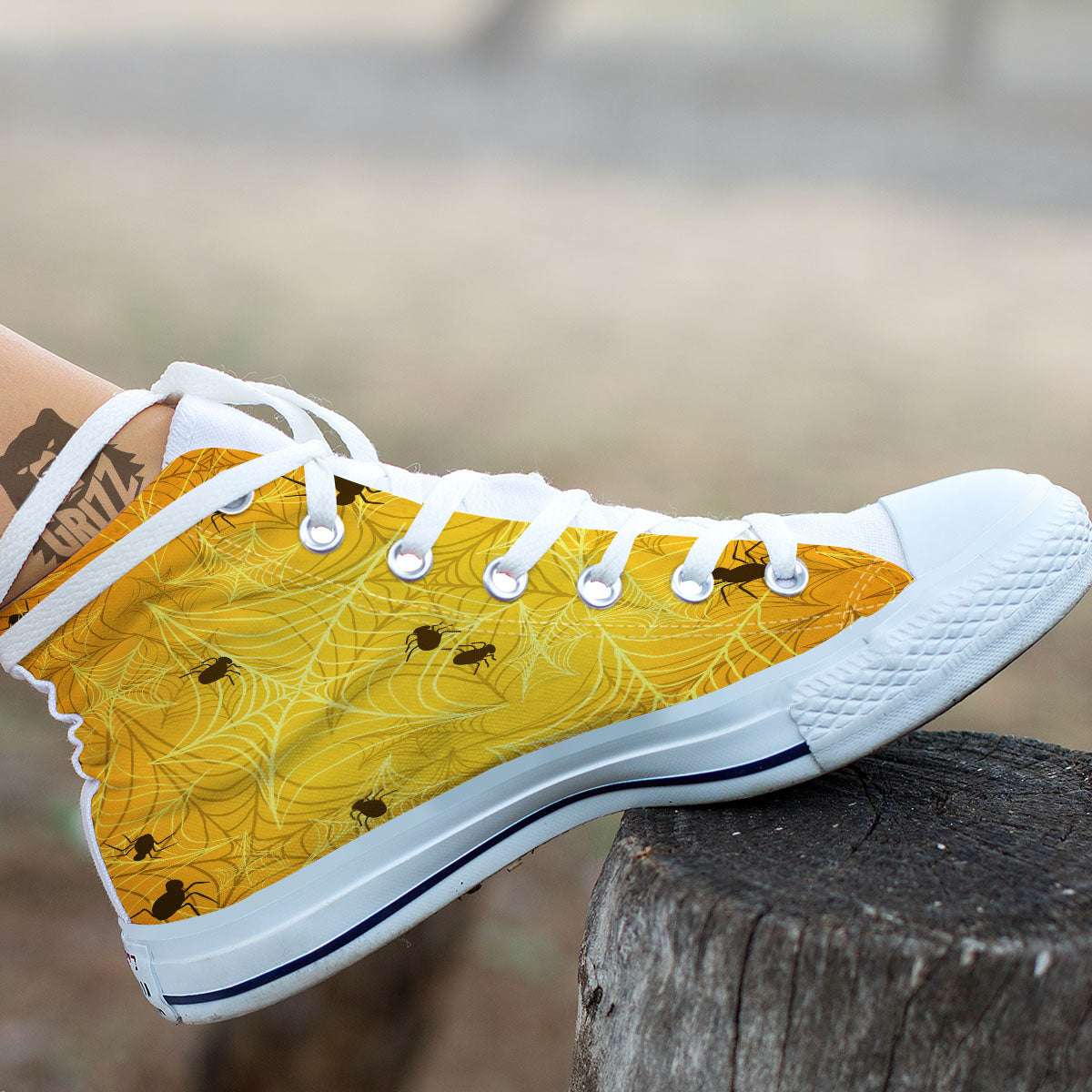 Cobweb Yellow Print White High Top Shoes-grizzshop