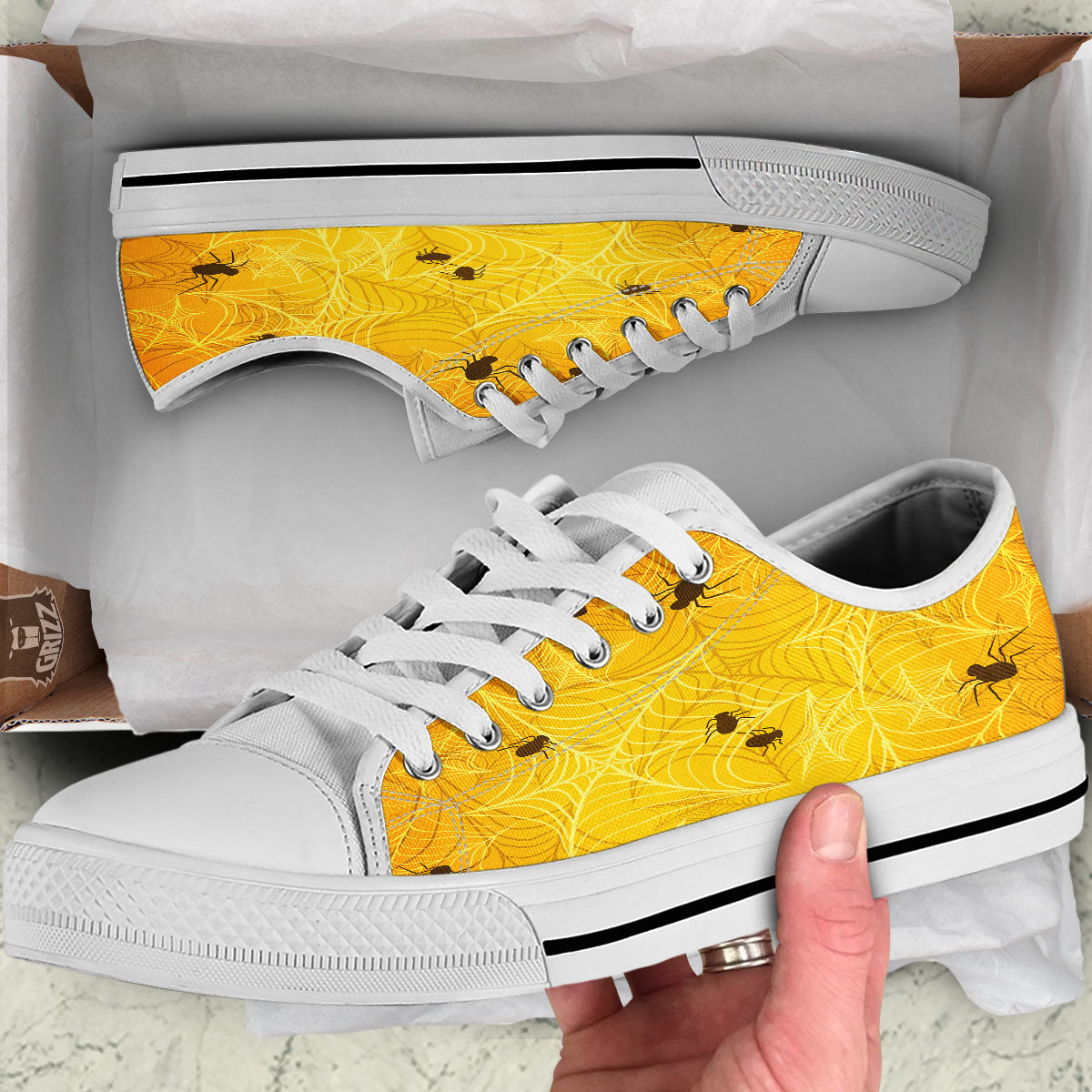 Cobweb Yellow Print White Low Top Shoes-grizzshop