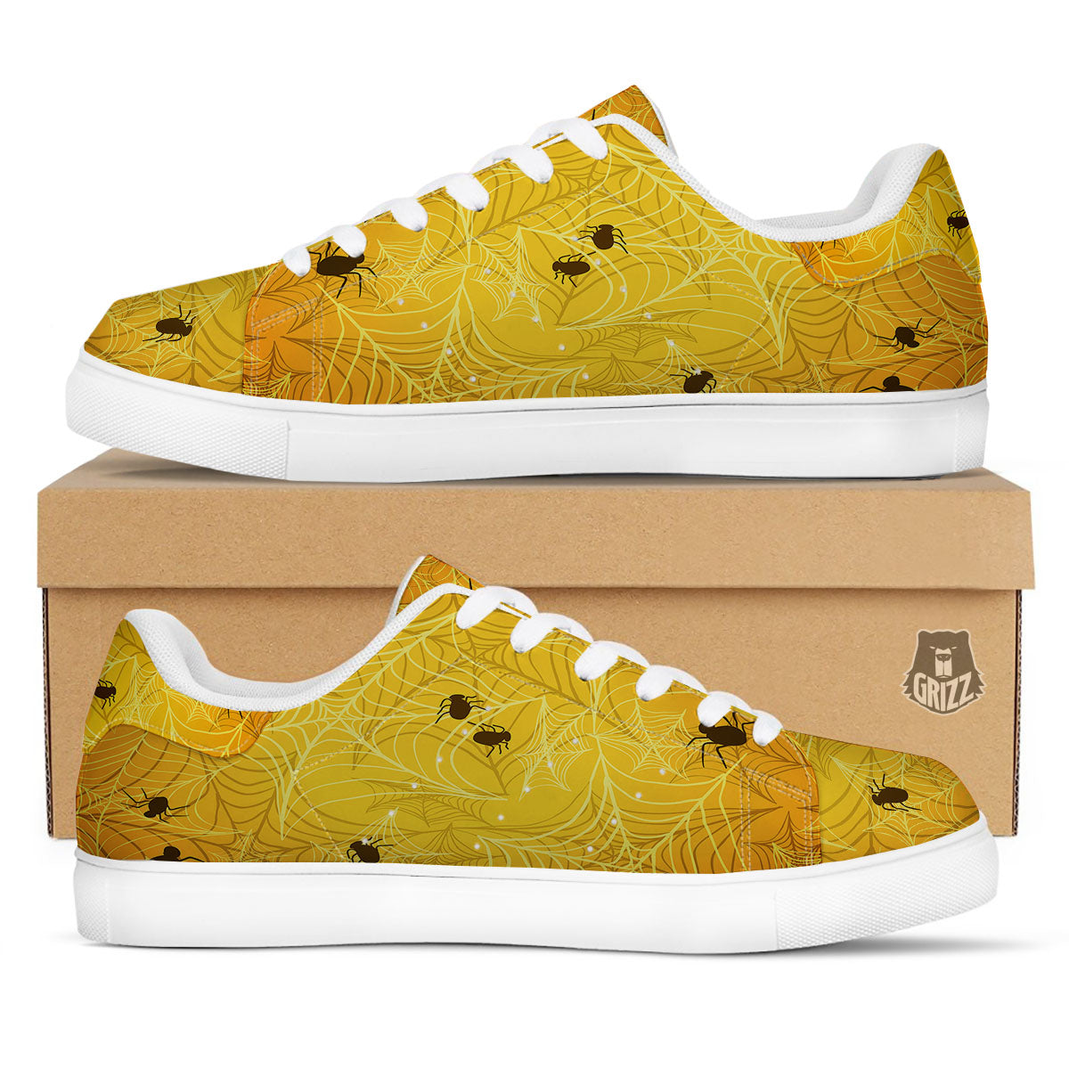 Cobweb Yellow Print White Low Top Sneakers-grizzshop