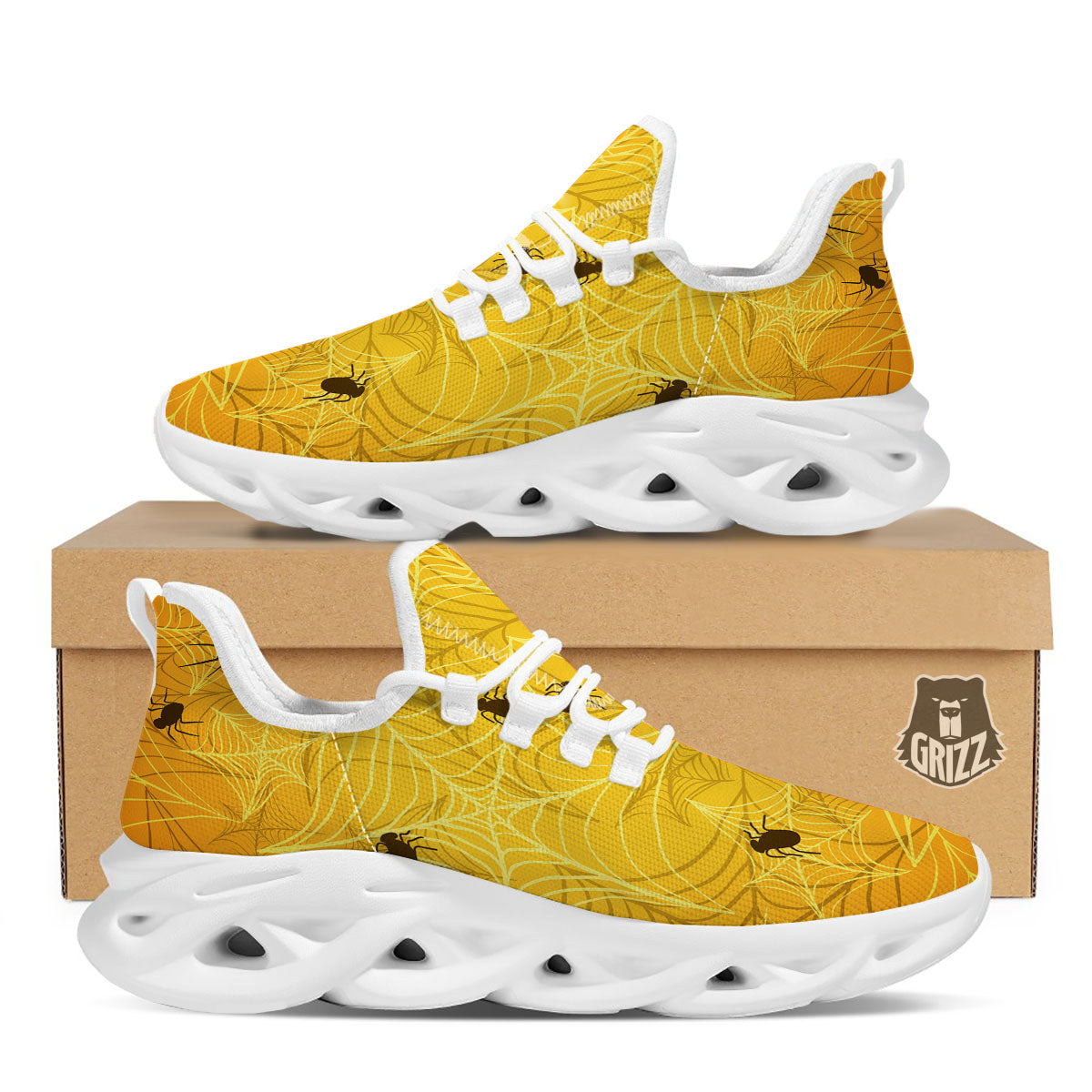 Cobweb Yellow Print White Running Shoes-grizzshop