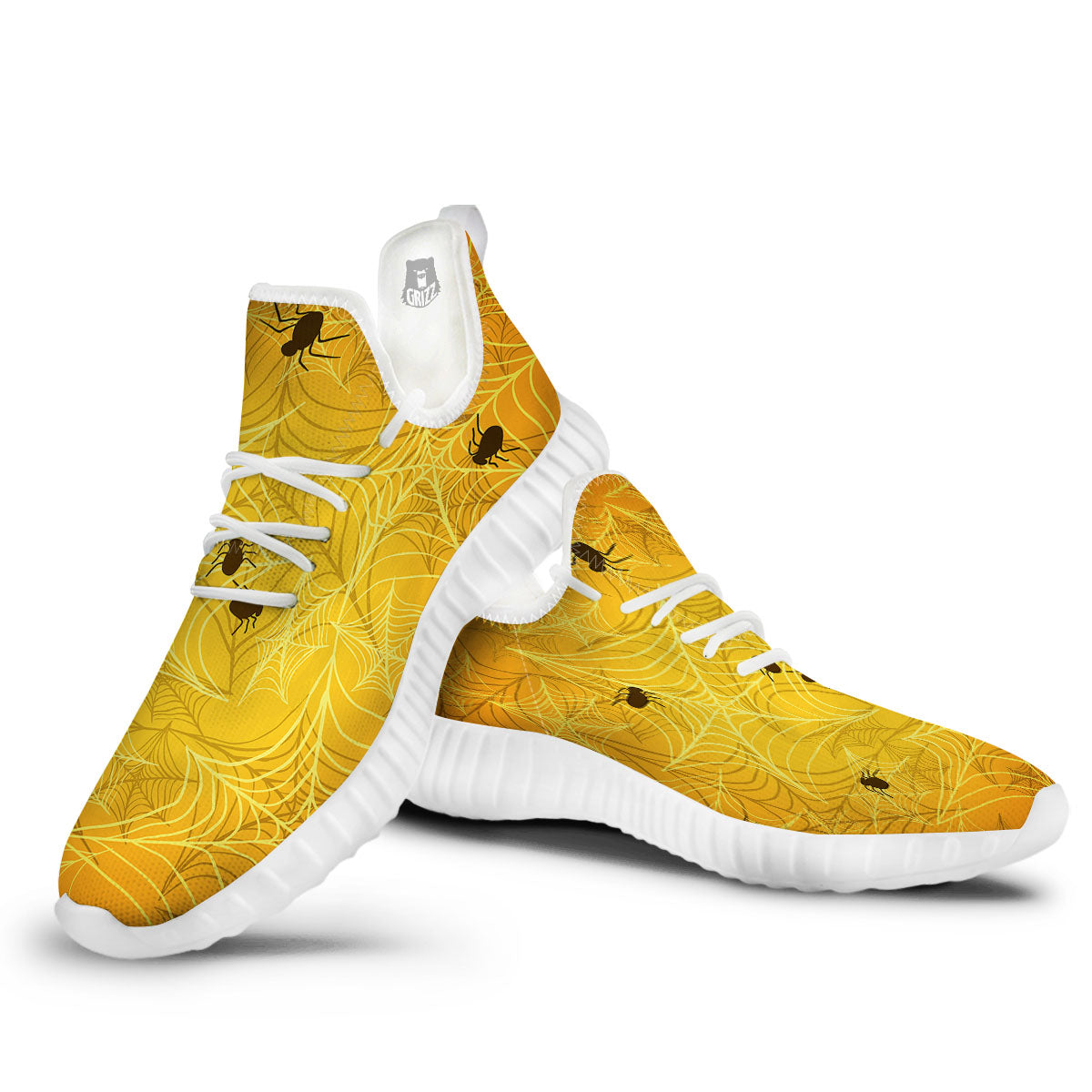 Cobweb Yellow Print White Walking Shoes-grizzshop