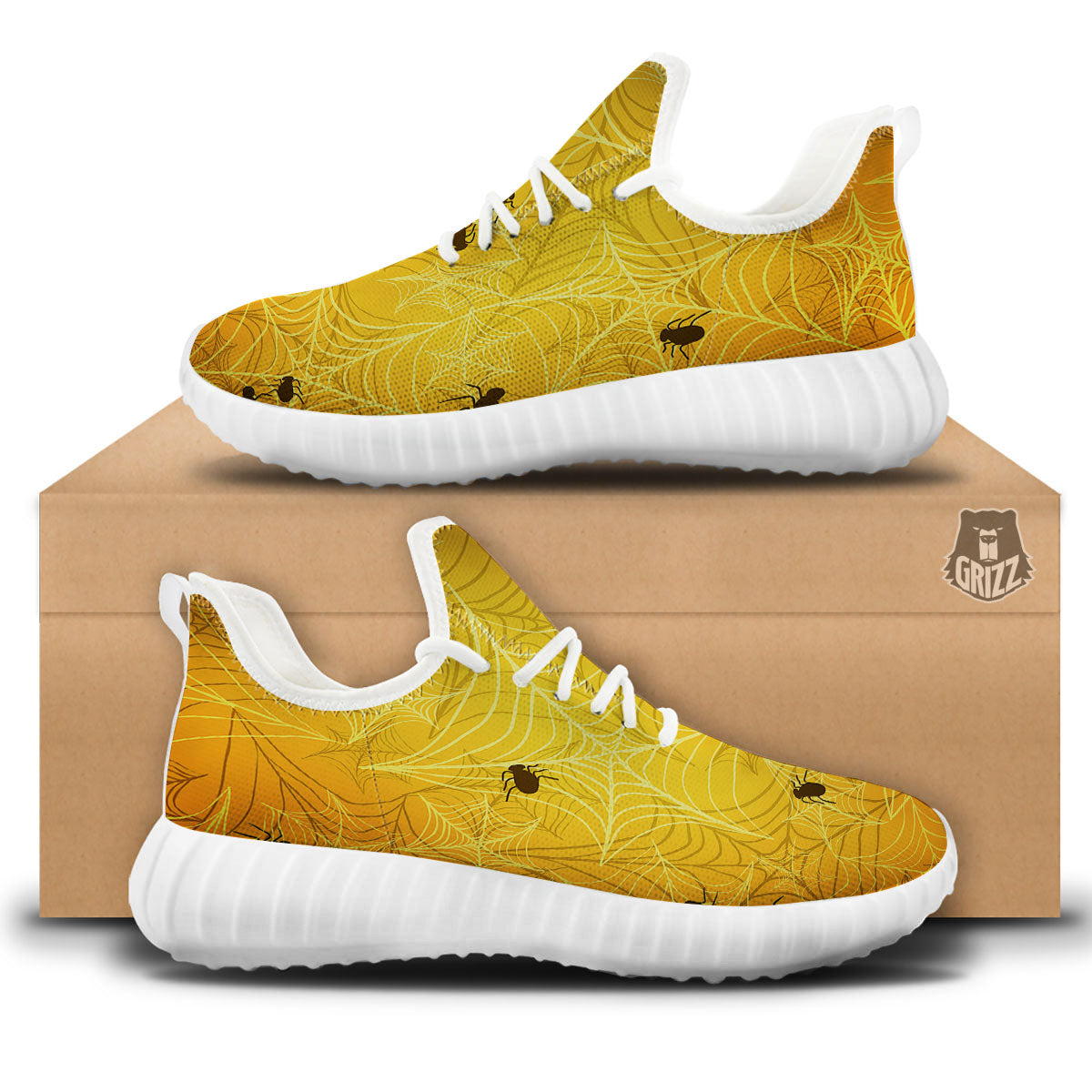 Cobweb Yellow Print White Walking Shoes-grizzshop