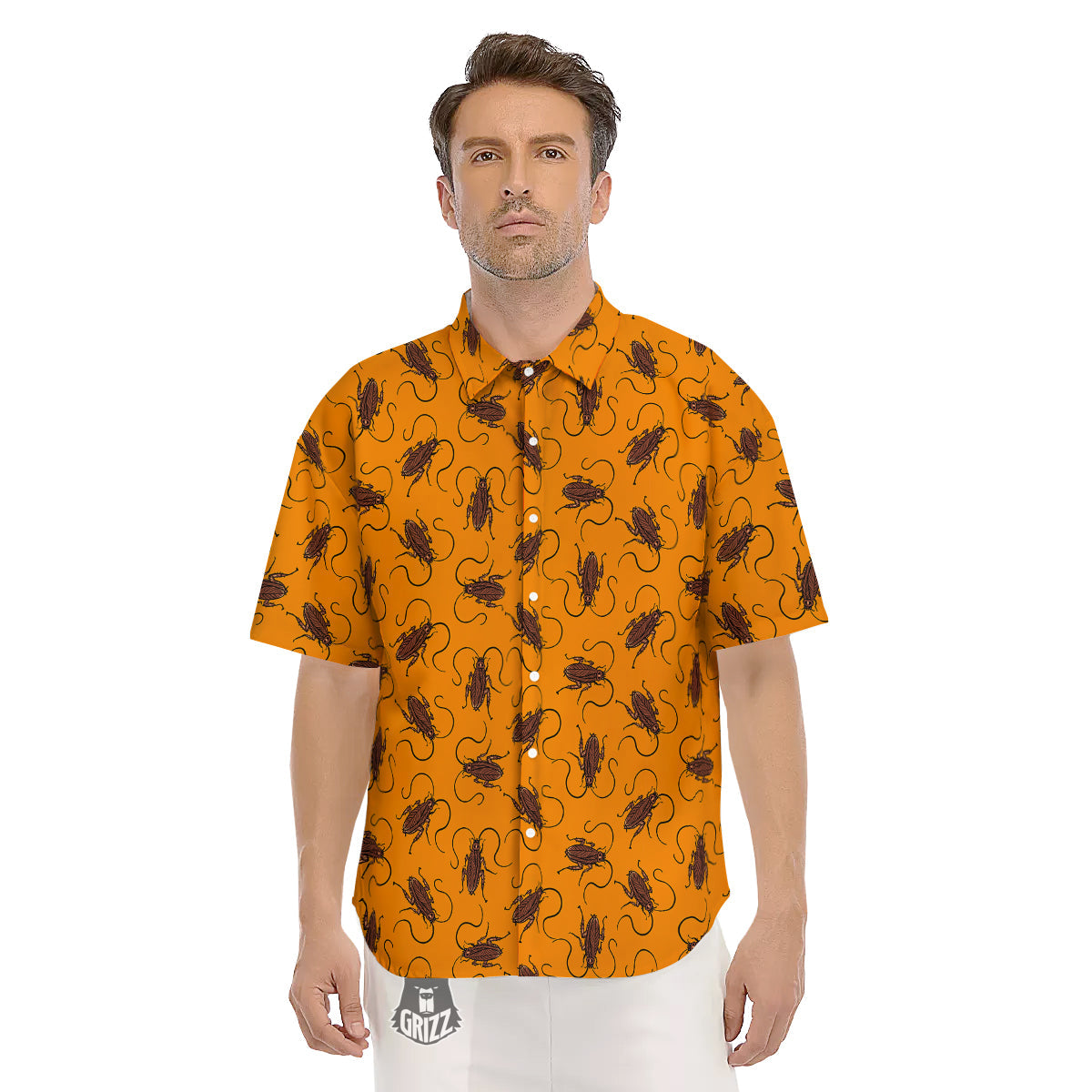 Cockroach Orange Print Pattern Men's Short Sleeve Shirts-grizzshop