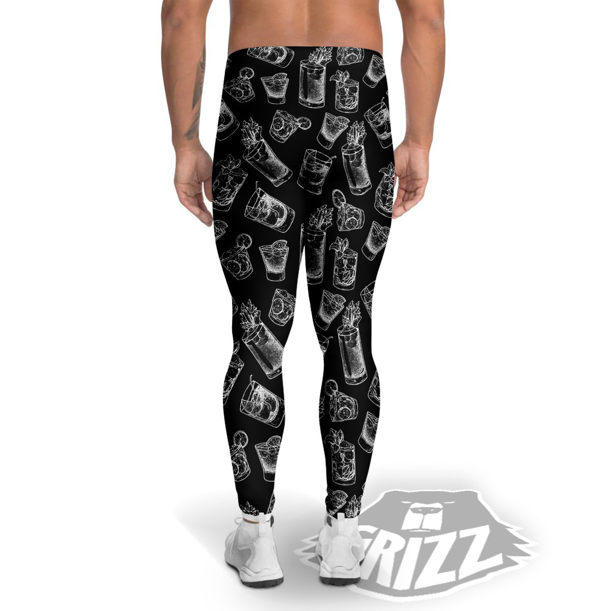 Cocktail Black And White Doodle Print Pattern Men's Leggings-grizzshop