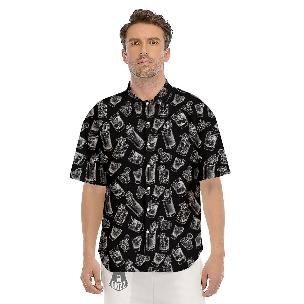 Cocktail Black And White Doodle Print Pattern Men's Short Sleeve Shirts-grizzshop