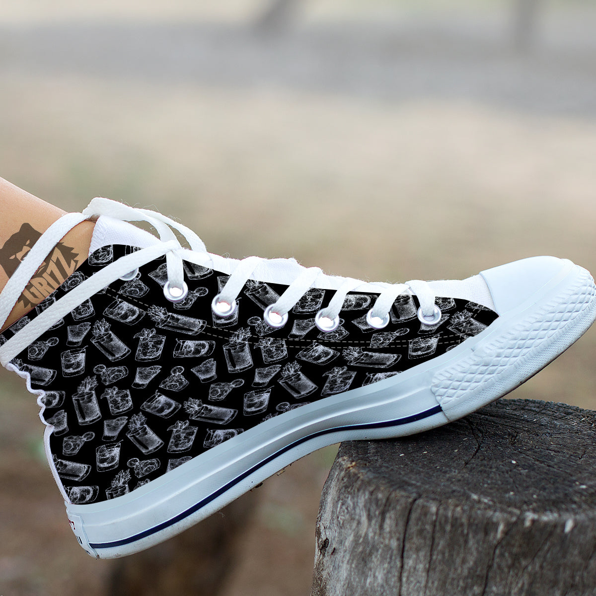 Cocktail Black And White Doodle Print Pattern White High Top Shoes-grizzshop