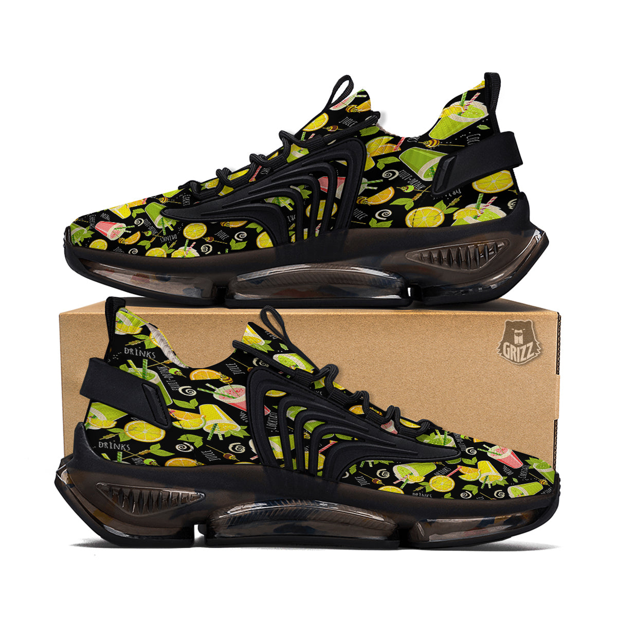 Cocktail Lemon Print Pattern Black Gym Shoes-grizzshop