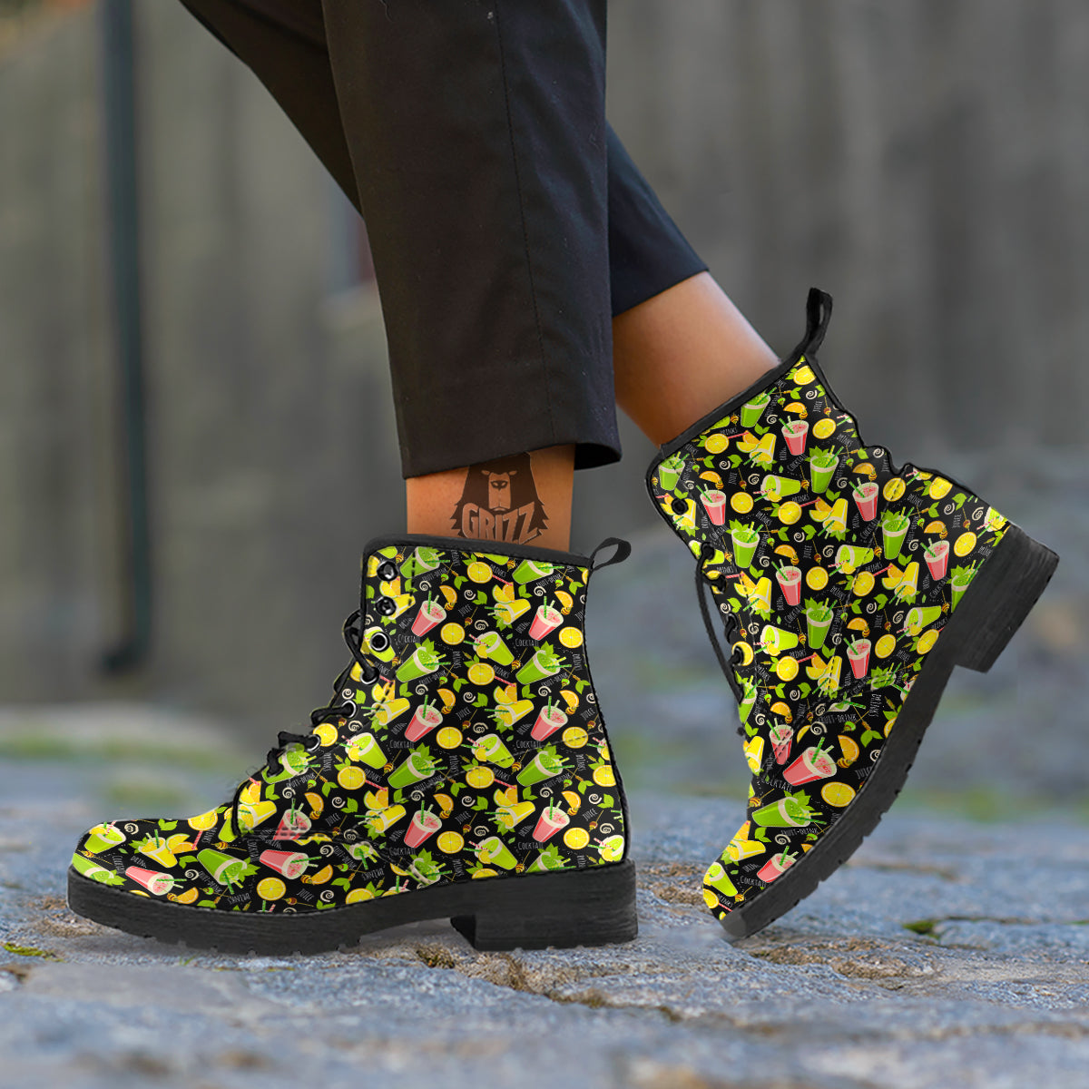 Cocktail Lemon Print Pattern Leather Boots-grizzshop