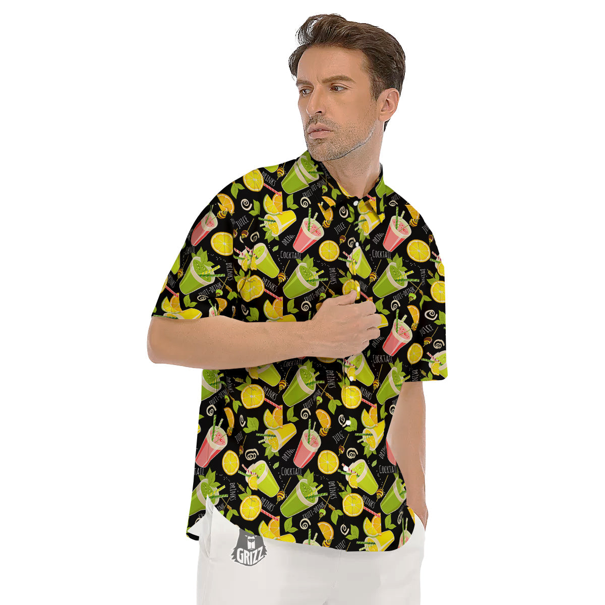 Cocktail Lemon Print Pattern Men's Short Sleeve Shirts-grizzshop