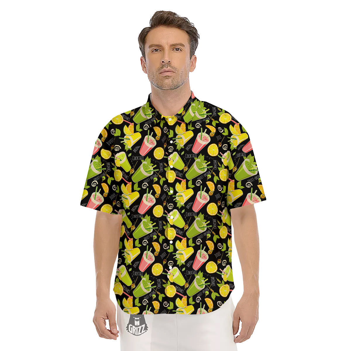 Cocktail Lemon Print Pattern Men's Short Sleeve Shirts-grizzshop