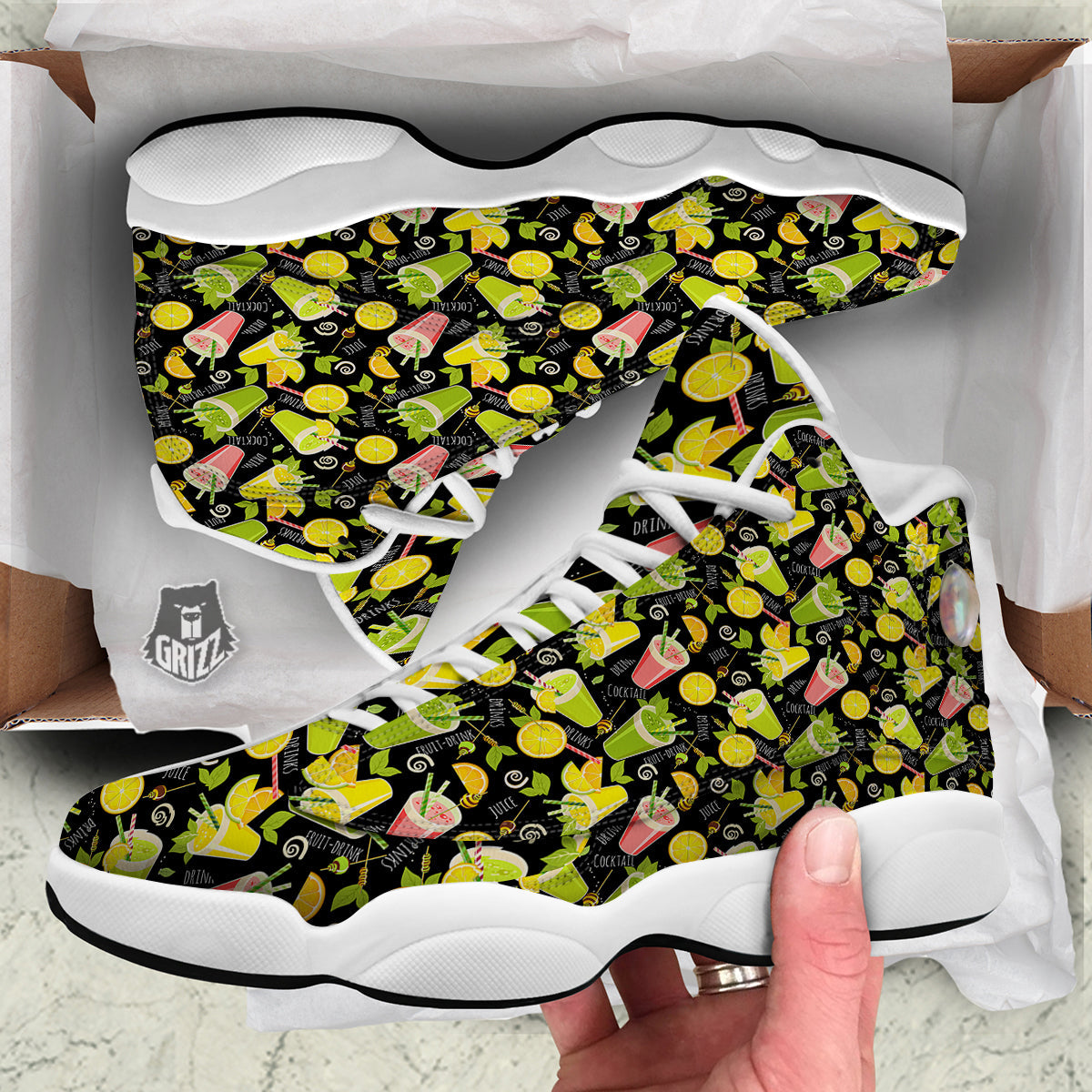 Cocktail Lemon Print Pattern White Basketball Shoes-grizzshop