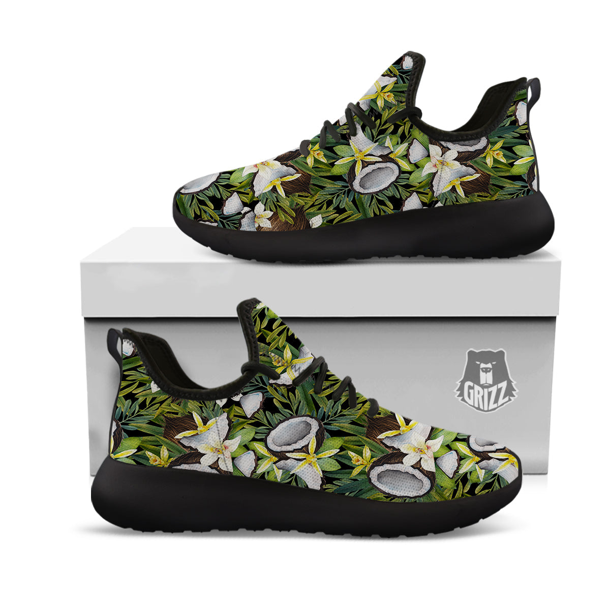 Coconut And Vanilla Flower Print Pattern Black Athletic Shoes-grizzshop