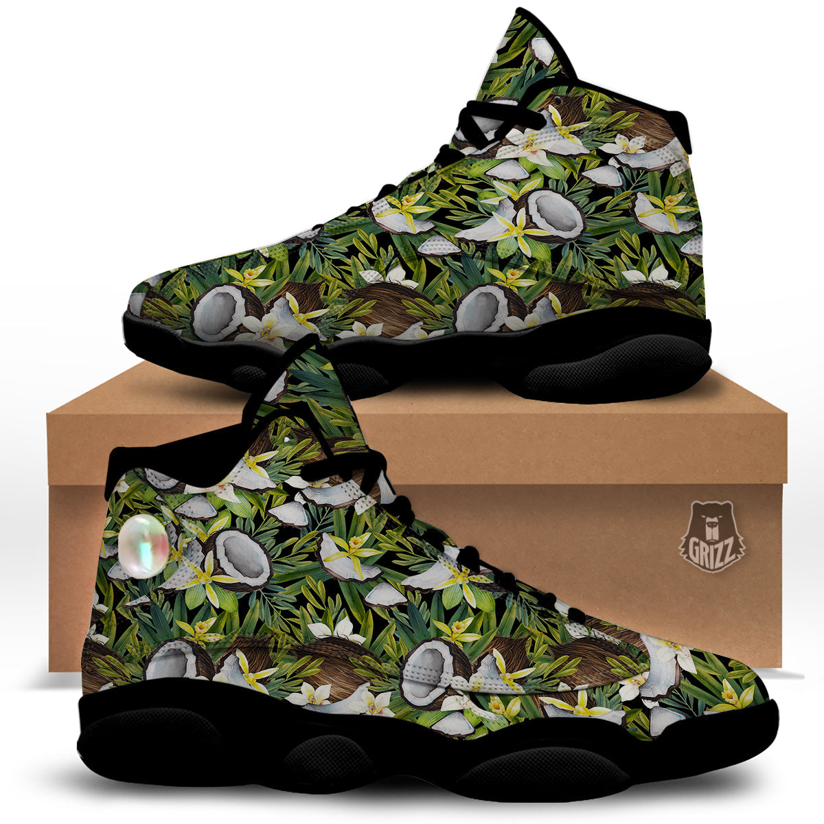 Coconut And Vanilla Flower Print Pattern Black Basketball Shoes-grizzshop