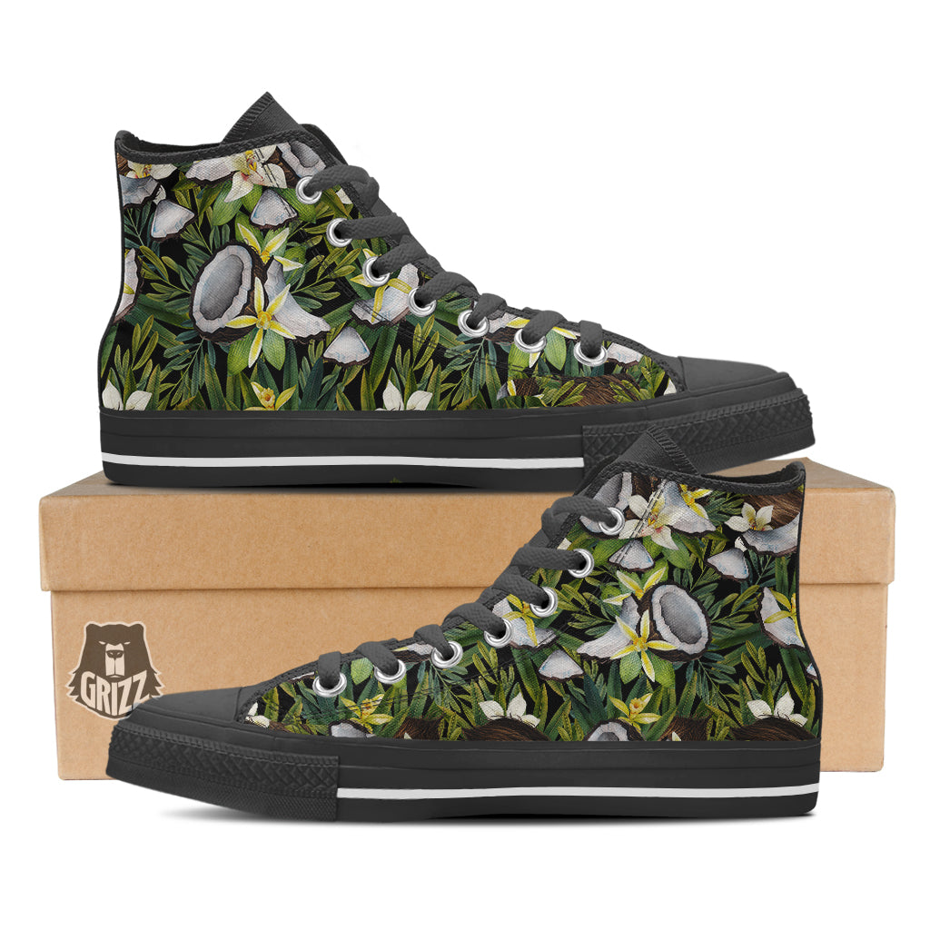 Coconut And Vanilla Flower Print Pattern Black High Top Shoes-grizzshop