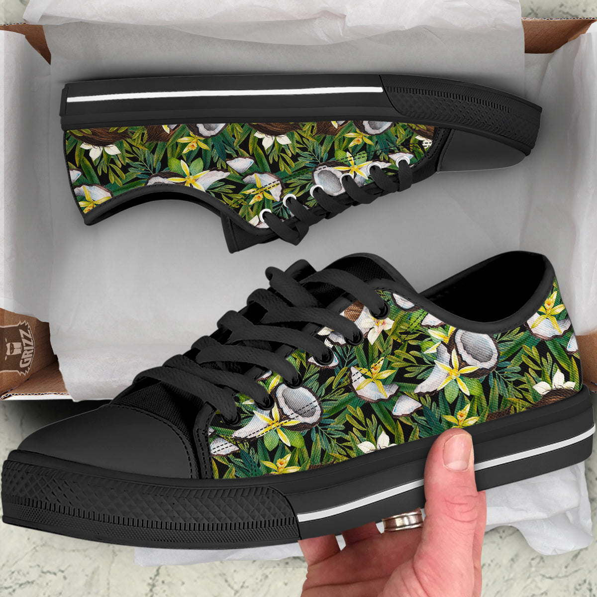 Coconut And Vanilla Flower Print Pattern Black Low Top Shoes-grizzshop