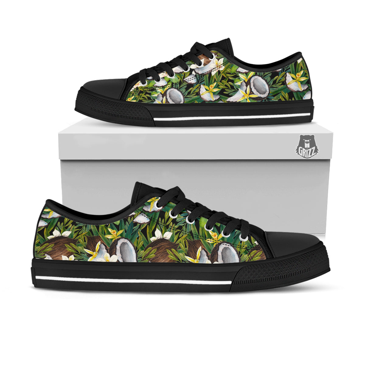 Coconut And Vanilla Flower Print Pattern Black Low Top Shoes-grizzshop
