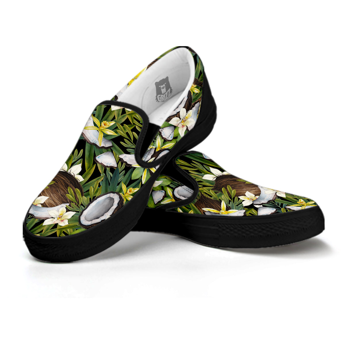 Coconut And Vanilla Flower Print Pattern Black Slip On Shoes-grizzshop