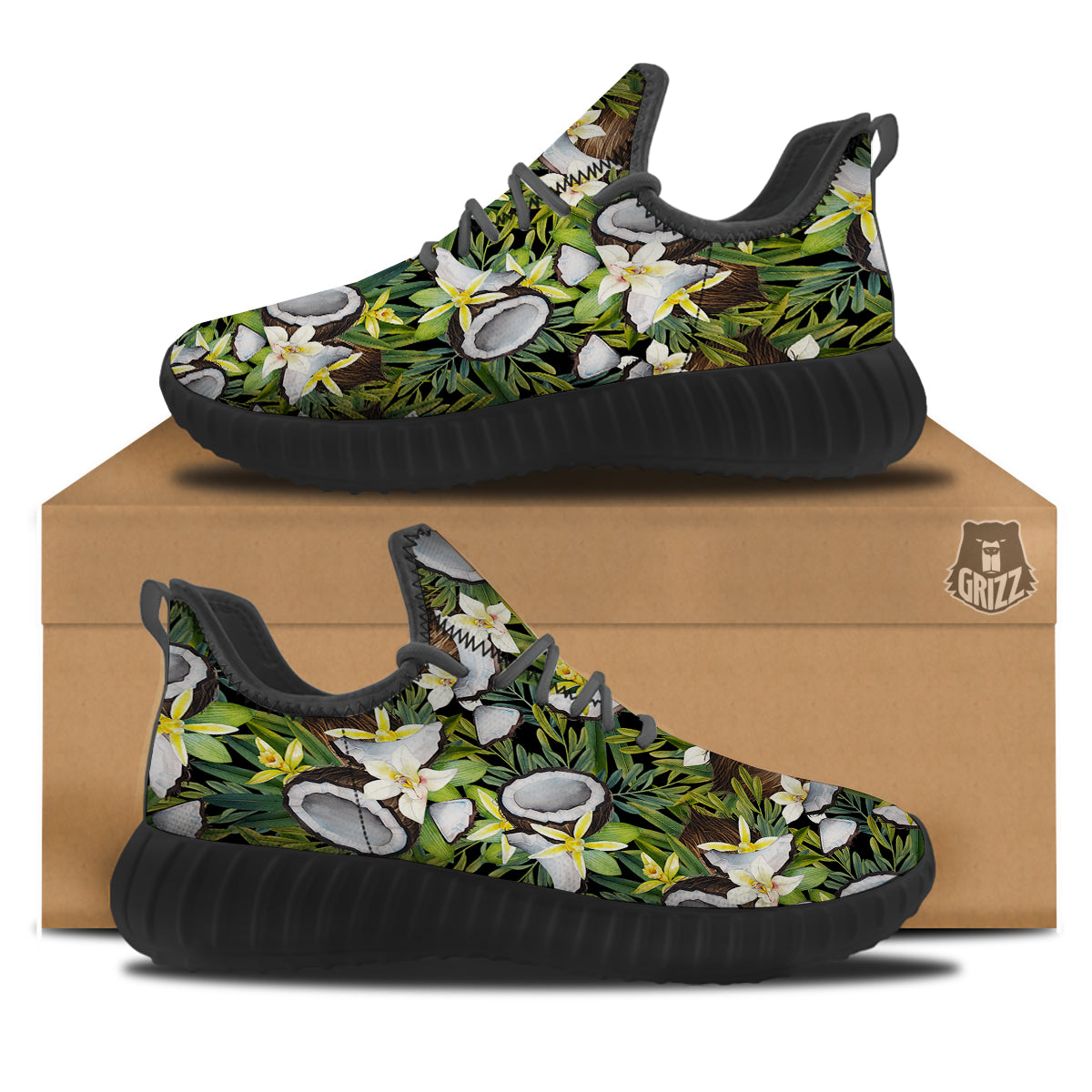 Coconut And Vanilla Flower Print Pattern Black Walking Shoes-grizzshop