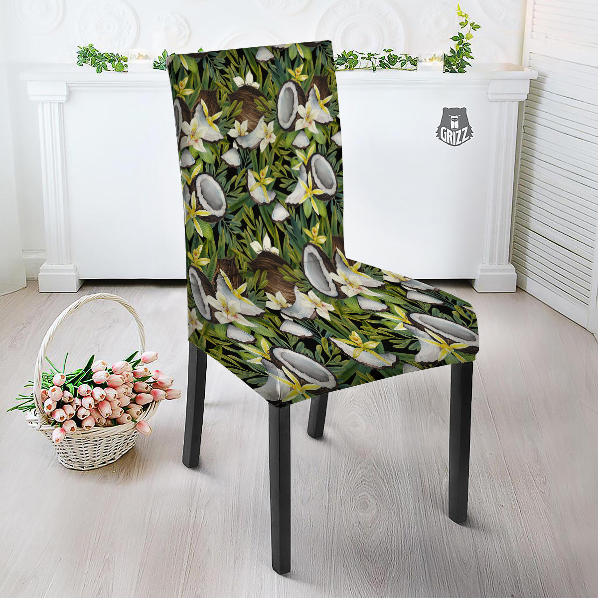 Coconut And Vanilla Flower Print Pattern Dining Chair Slipcover-grizzshop