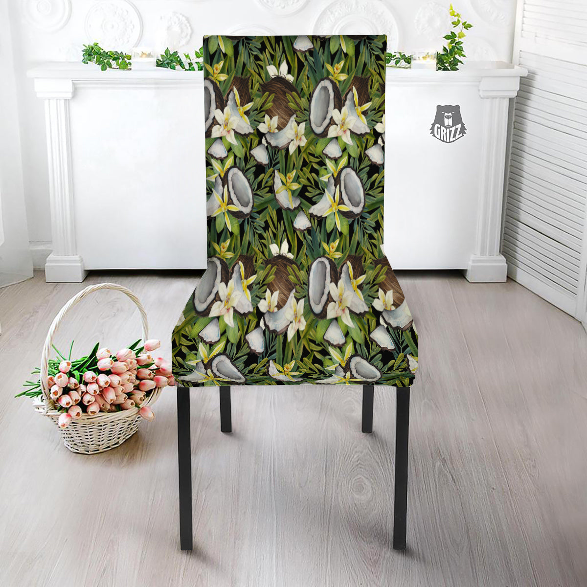 Coconut And Vanilla Flower Print Pattern Dining Chair Slipcover-grizzshop