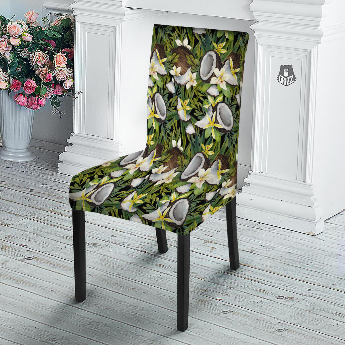 Coconut And Vanilla Flower Print Pattern Dining Chair Slipcover-grizzshop