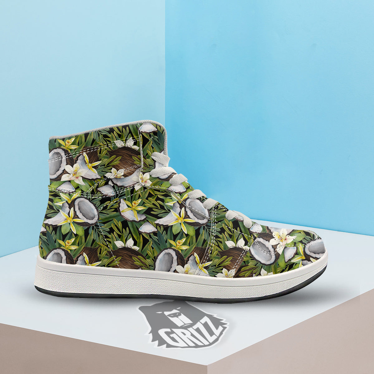 Coconut And Vanilla Flower Print Pattern High Top Sneakers-grizzshop