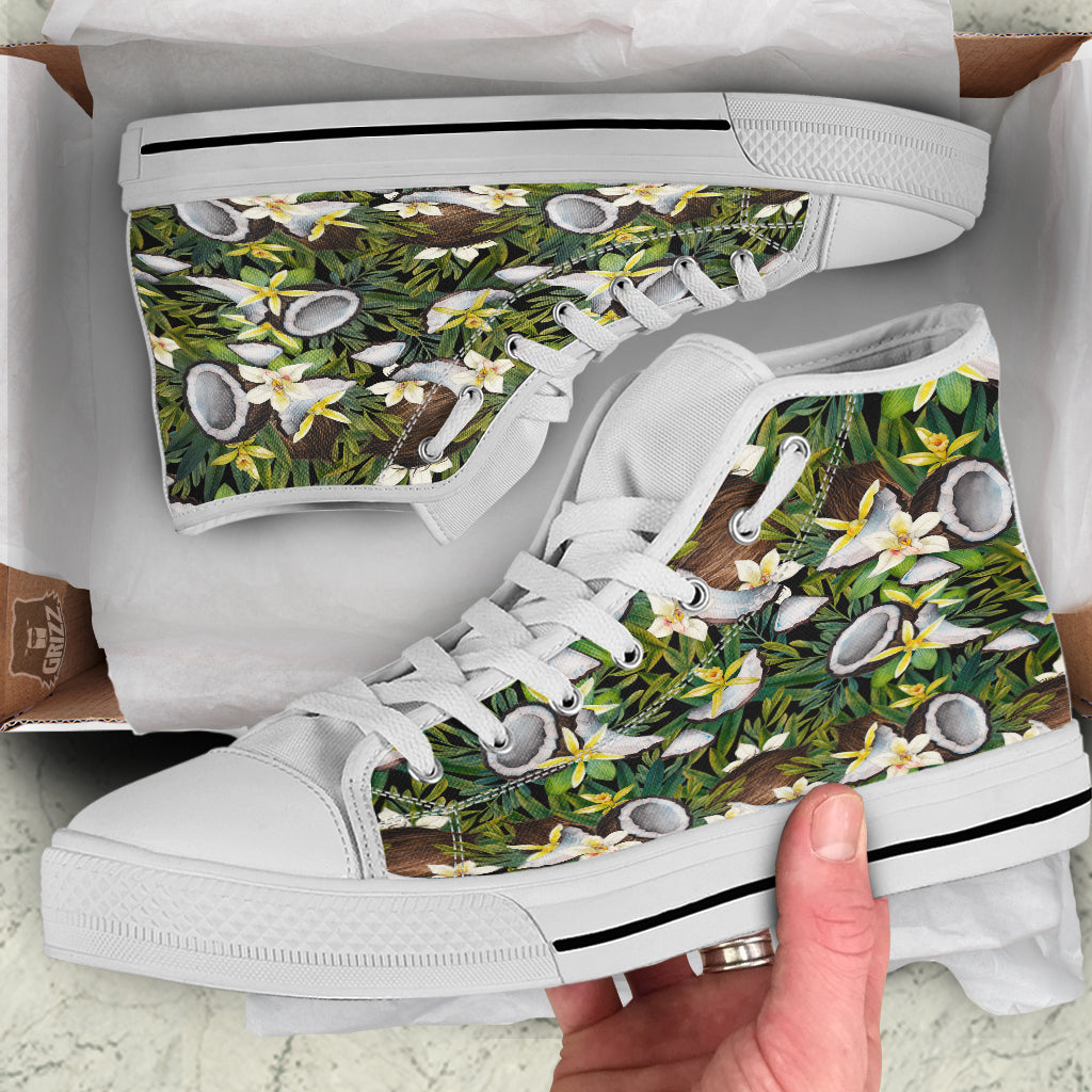 Coconut And Vanilla Flower Print Pattern White High Top Shoes-grizzshop