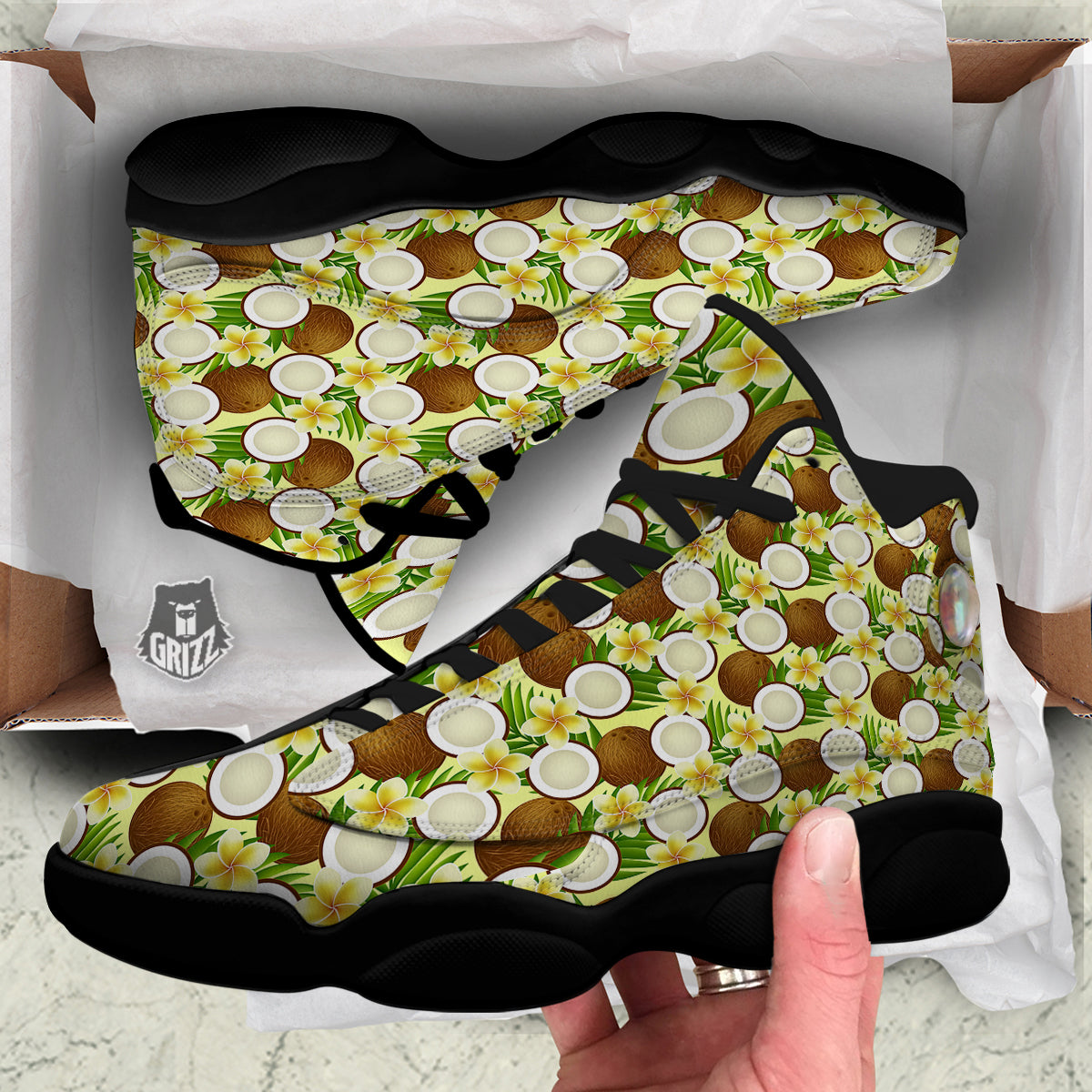 Coconut Beige Print Pattern Black Basketball Shoes-grizzshop