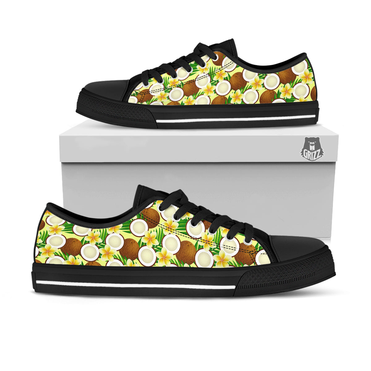 Coconut Beige Print Pattern Black Low Top Shoes-grizzshop