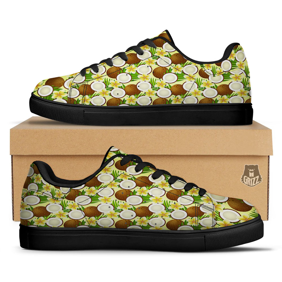 Coconut Beige Print Pattern Black Low Top Sneakers-grizzshop