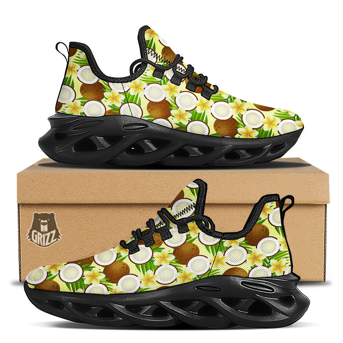 Coconut Beige Print Pattern Black Running Shoes-grizzshop