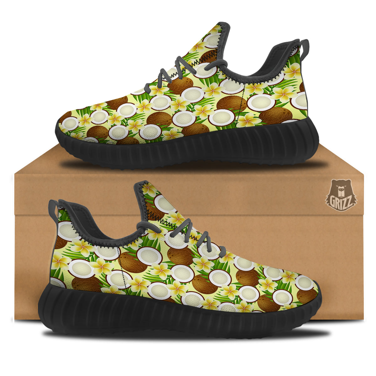 Coconut Beige Print Pattern Black Walking Shoes-grizzshop