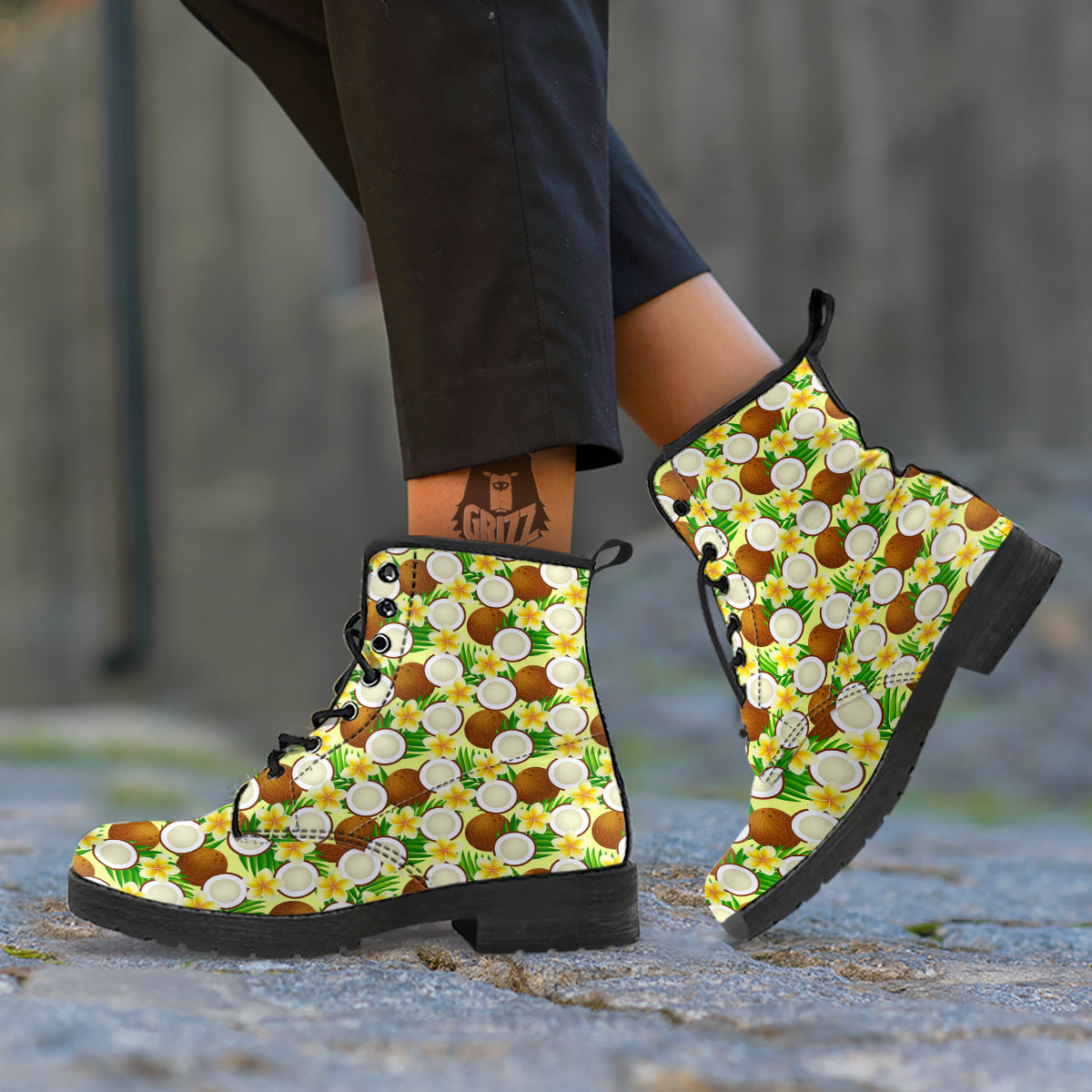 Coconut Beige Print Pattern Leather Boots-grizzshop