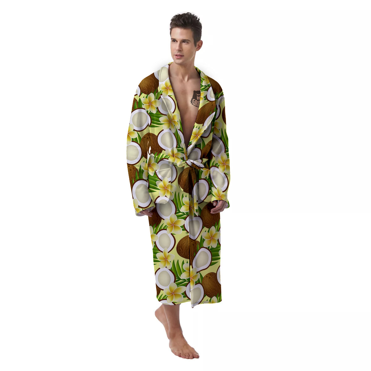 Coconut Beige Print Pattern Men's Robe-grizzshop