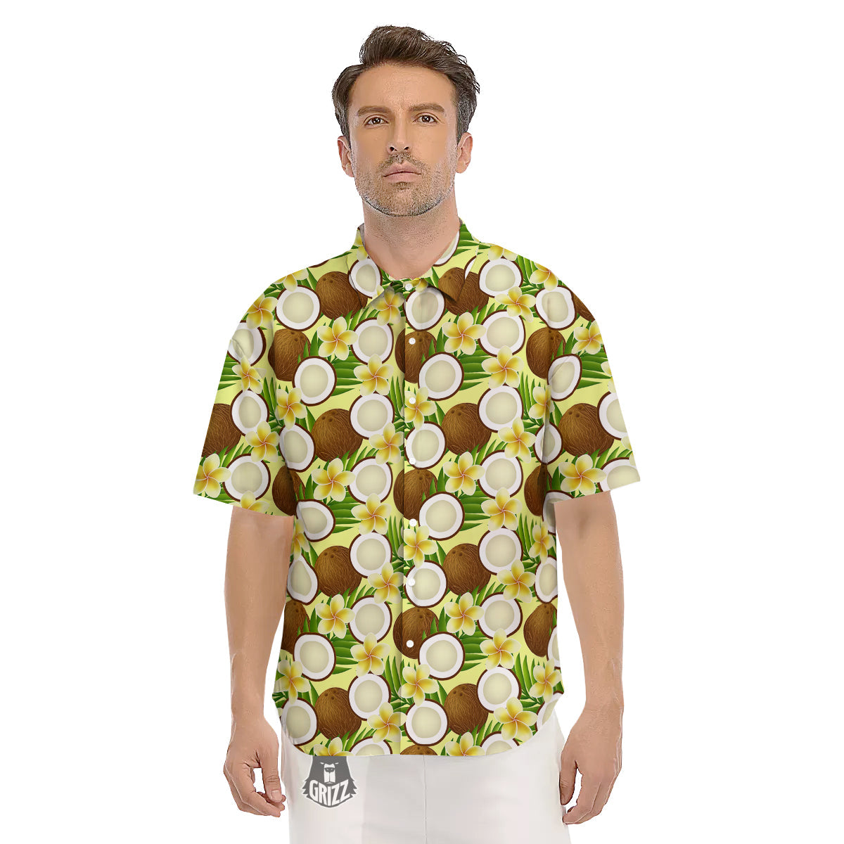 Coconut Beige Print Pattern Men's Short Sleeve Shirts-grizzshop