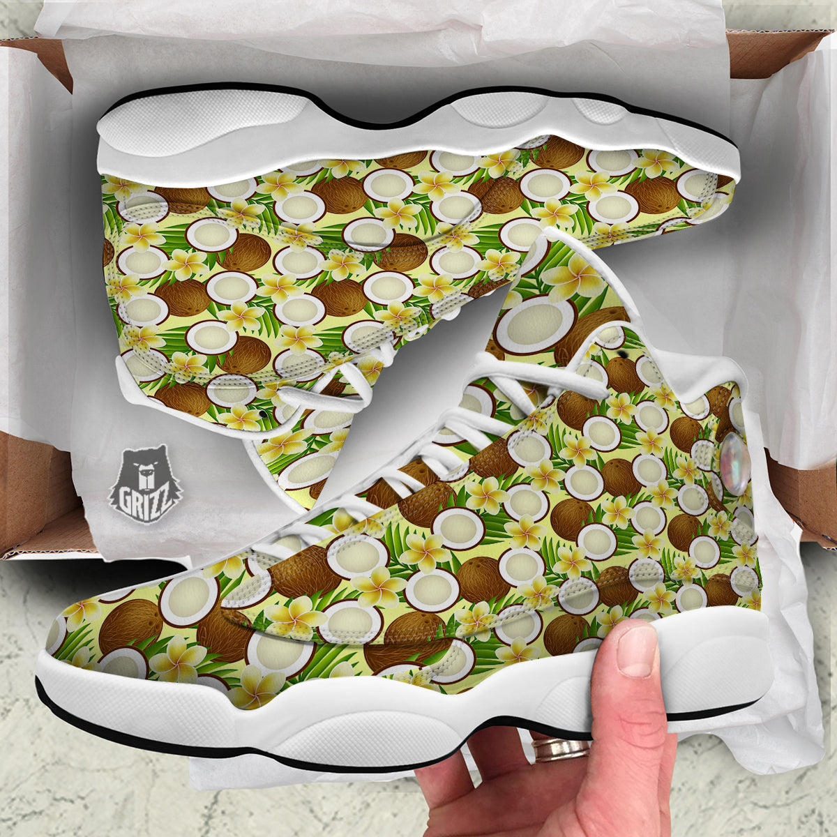 Coconut Beige Print Pattern White Basketball Shoes-grizzshop