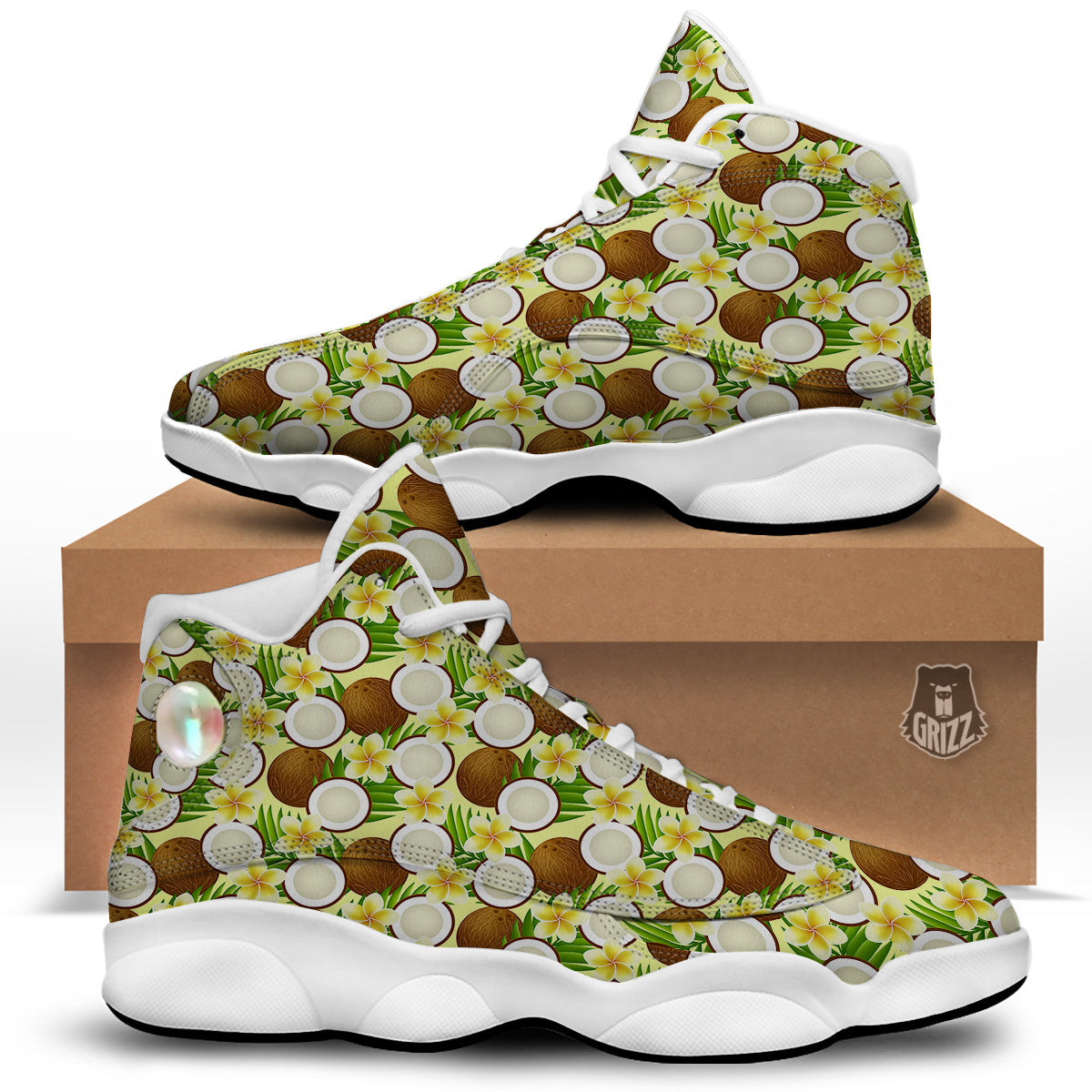 Coconut Beige Print Pattern White Basketball Shoes-grizzshop