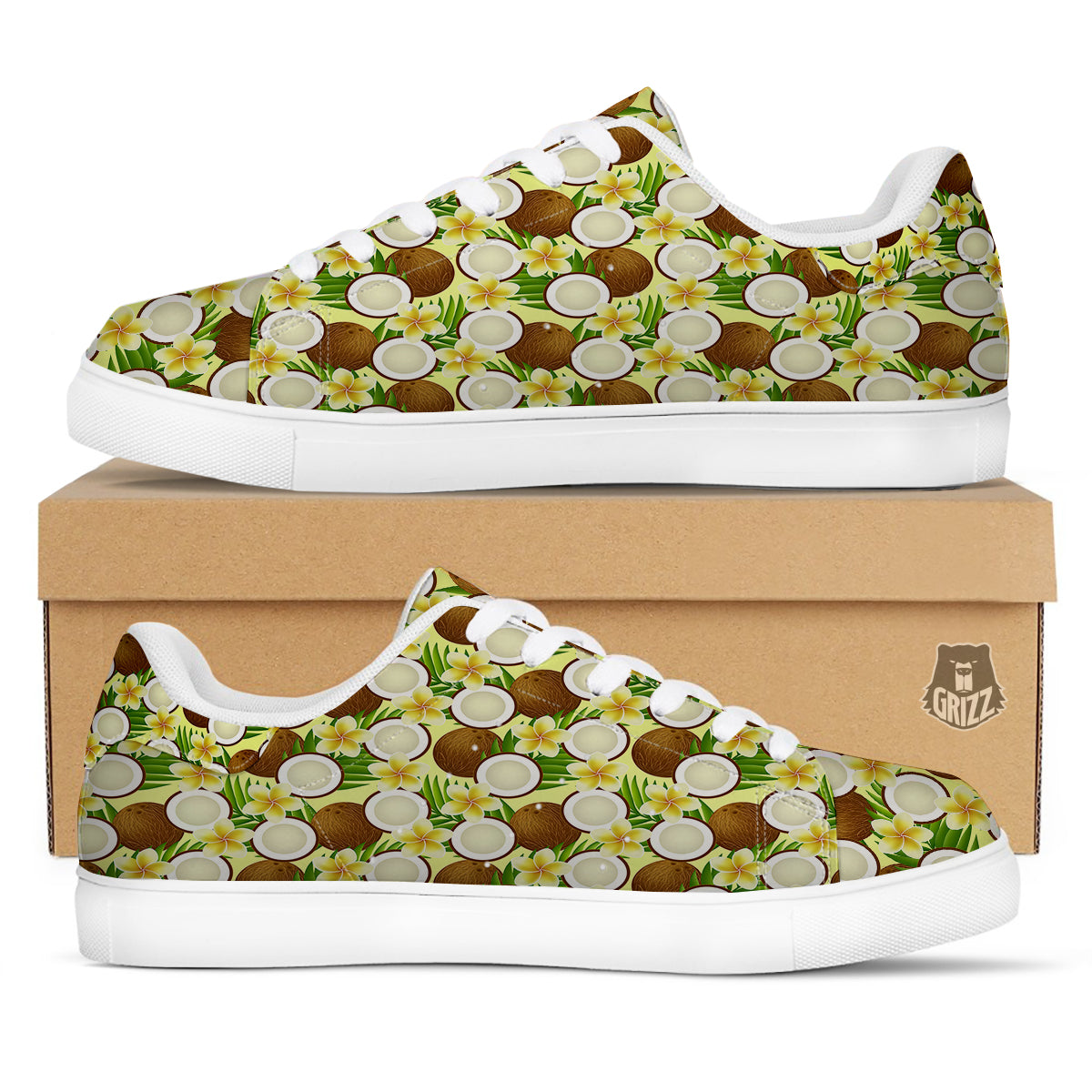 Coconut Beige Print Pattern White Low Top Sneakers-grizzshop