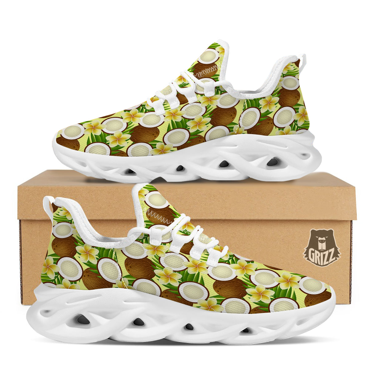 Coconut Beige Print Pattern White Running Shoes-grizzshop