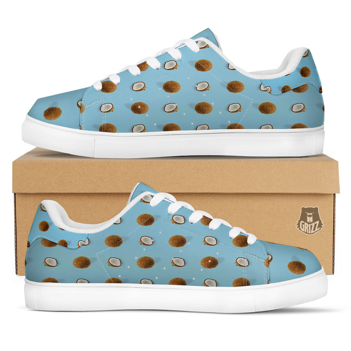 Coconut Blue Summer Print Pattern White Low Top Sneakers-grizzshop
