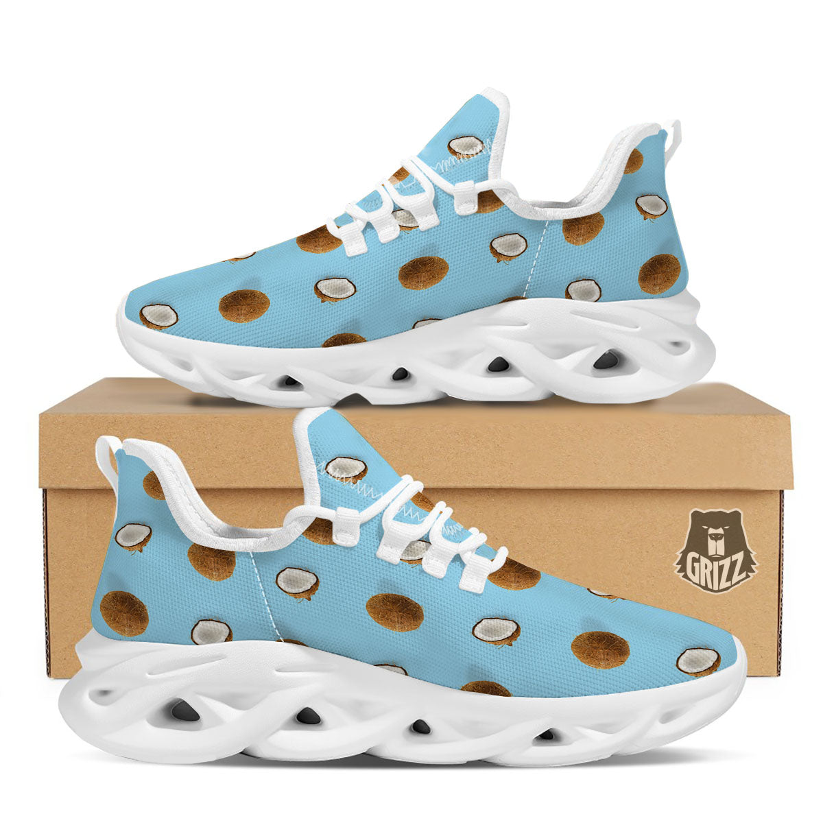Coconut Blue Summer Print Pattern White Running Shoes-grizzshop