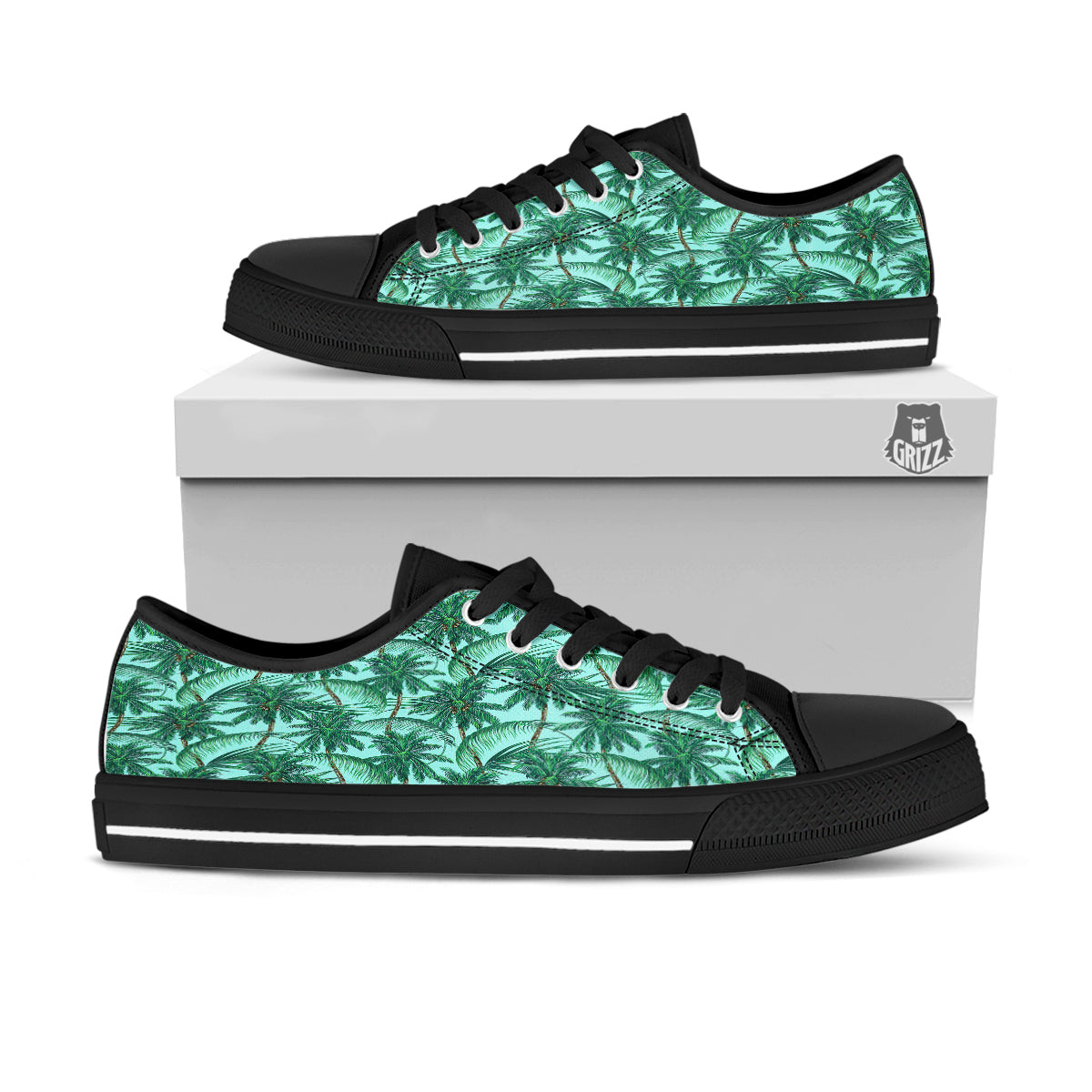 Coconut Leaf Print Black Low Top Shoes-grizzshop