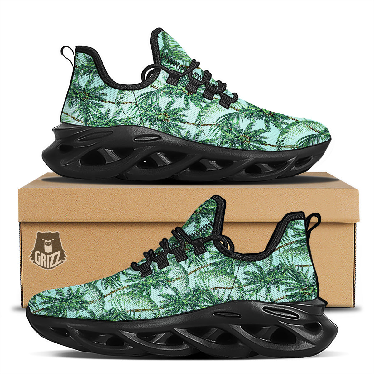 Coconut Leaf Print Black Running Shoes-grizzshop