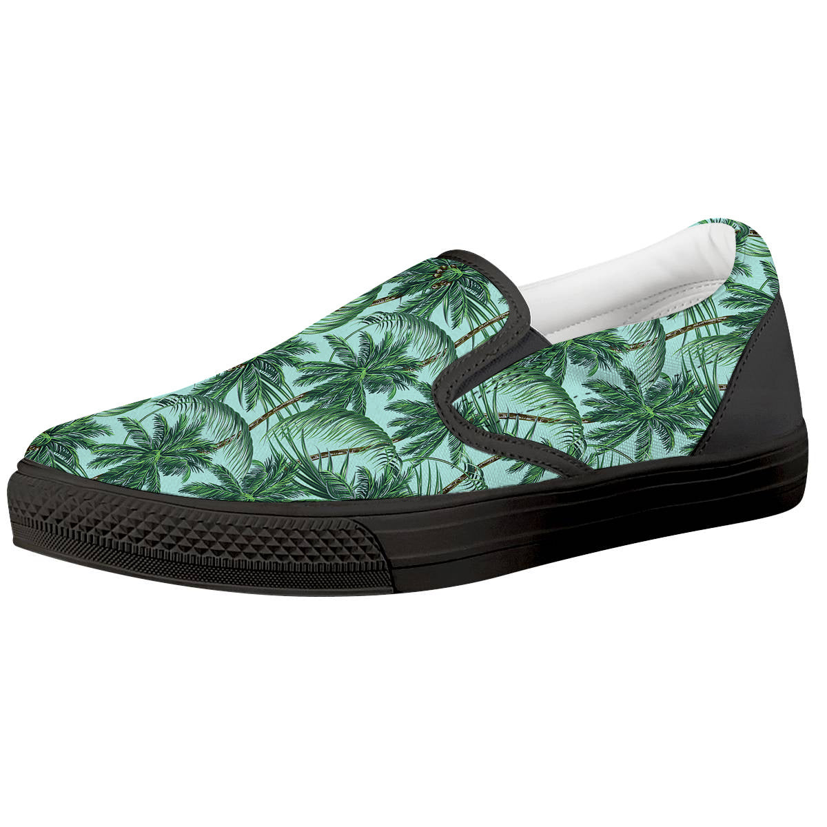 Coconut Leaf Print Black Slip On Shoes-grizzshop