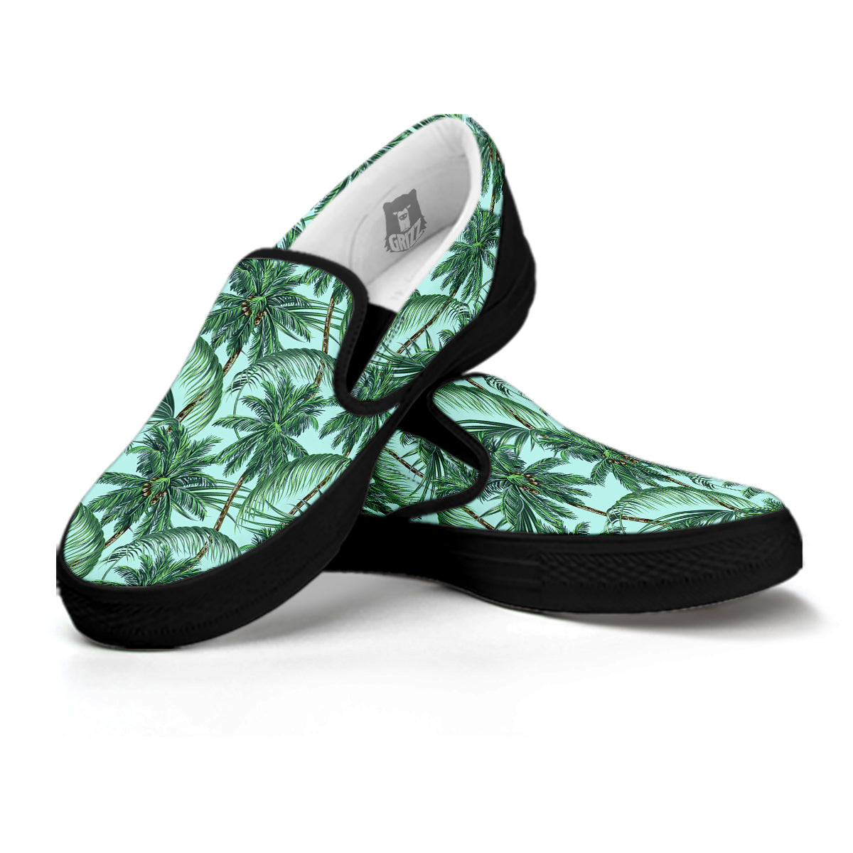 Coconut Leaf Print Black Slip On Shoes-grizzshop